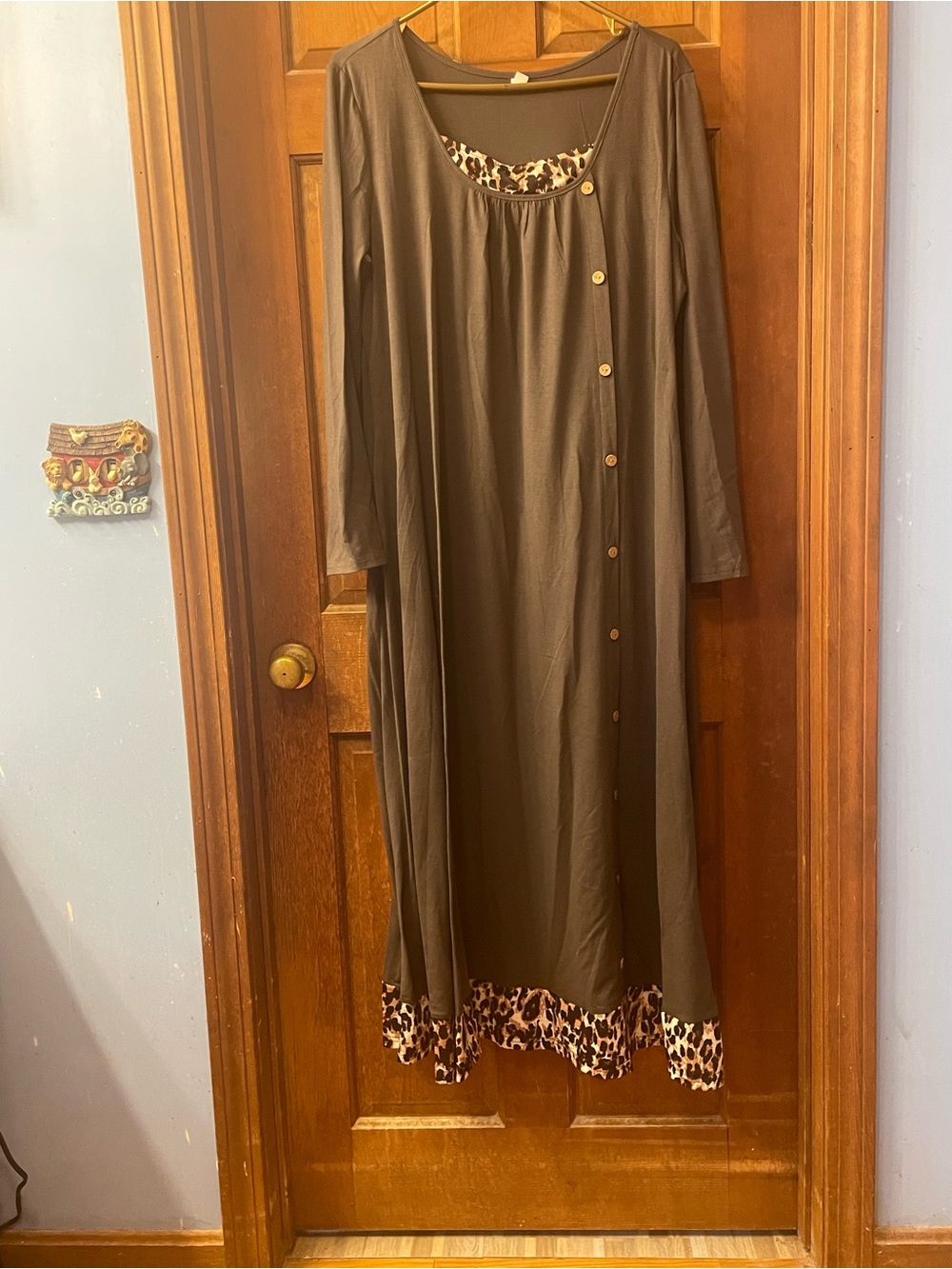 Brown Long Sleeve Maxi Dress with Leopard Trim
